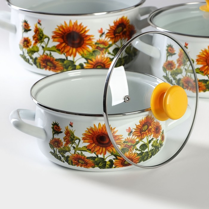 Набор кастрюль &laquo;Подсолнечник&raquo;, 3 предмета: 2 л, 3 л, 4 л, эмалированная сталь, стеклянные крышки