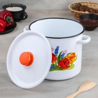 Кастрюля эмалированная цилиндрическая &laquo;Тюльпан Май&raquo;, 5,5 л, с кнопкой, цвет белый