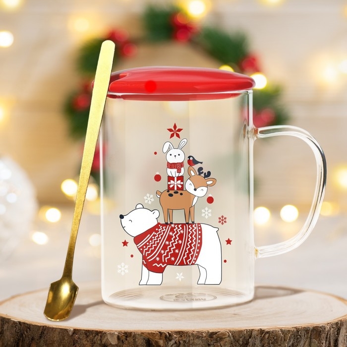 Кружка с ложкой и крышкой стеклянная Дорого внимание «Зверята», 470 мл Кружка с ложкой и крышкой стеклянная Дорого внимание «Зверята», 470 мл