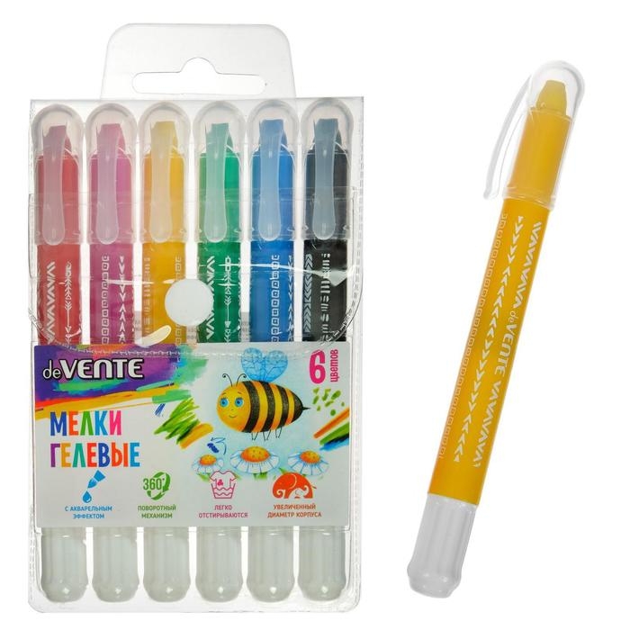 Мелки гелевые 6 цветов deVENTE, супермягкие, с акварельным эффектом, пластиковый корпус с поворотным механизмом, в блистере Мелки гелевые 6 цветов deVENTE, супермягкие, с акварельным эффектом, пластиковый корпус с поворотным механизмом, в блистере