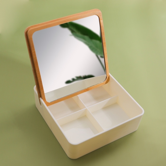Бокс для хранения косметических принадлежностей, с зеркалом, 4 секции, 15 &times; 15 &times; 5 см, цвет белый/коричневый