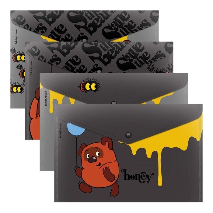 Папка-конверт на кнопке А4, 160 мкм, ErichKrause Папка-конверт на кнопке А4, 160 мкм, ErichKrause "Винни-Пух", полупрозрачная, глянцевая, микс