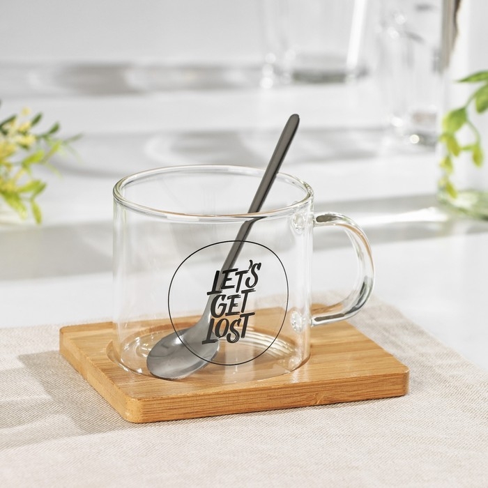 Кружка стеклянная с ложкой на деревянной подставке &laquo;Котик&raquo;, 300 мл, рисунок МИКС