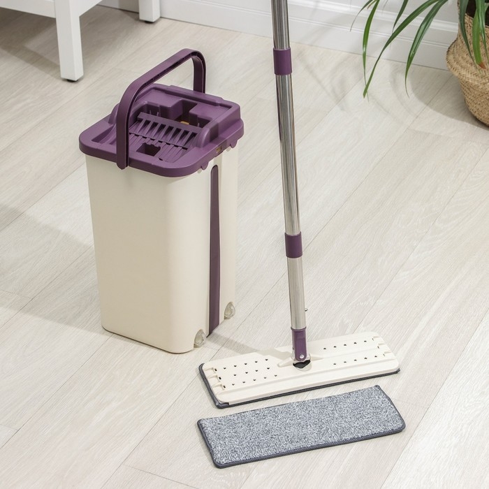 Швабра с отжимом и ведро: ведро с отсеками для полоскания и отжима 10 л, швабра плоская, запасная насадка из микрофибры