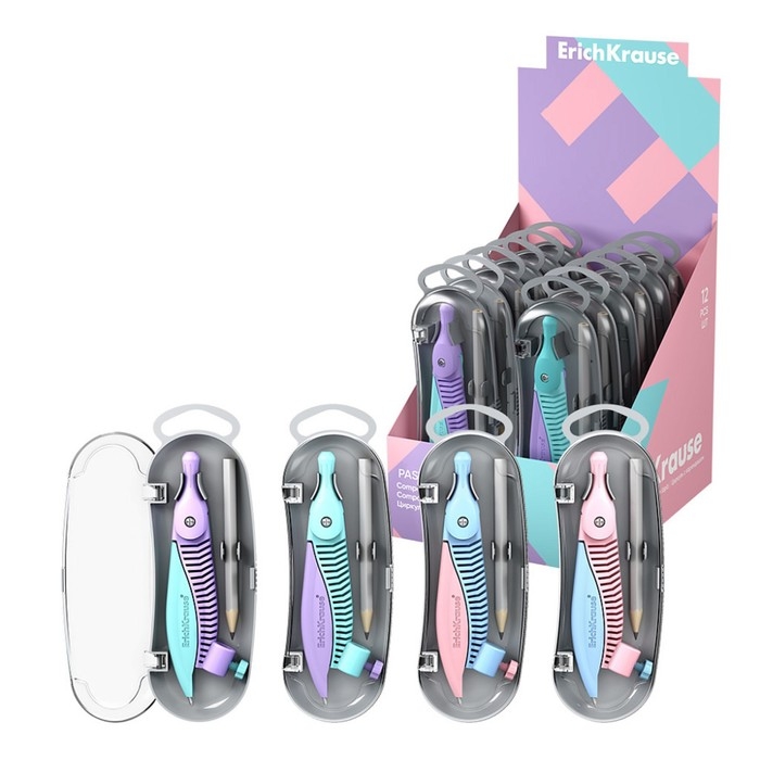 Циркуль пластиковый ErichKrause Циркуль пластиковый ErichKrause "Pastel", 122мм, с карандашом, пенал, микс