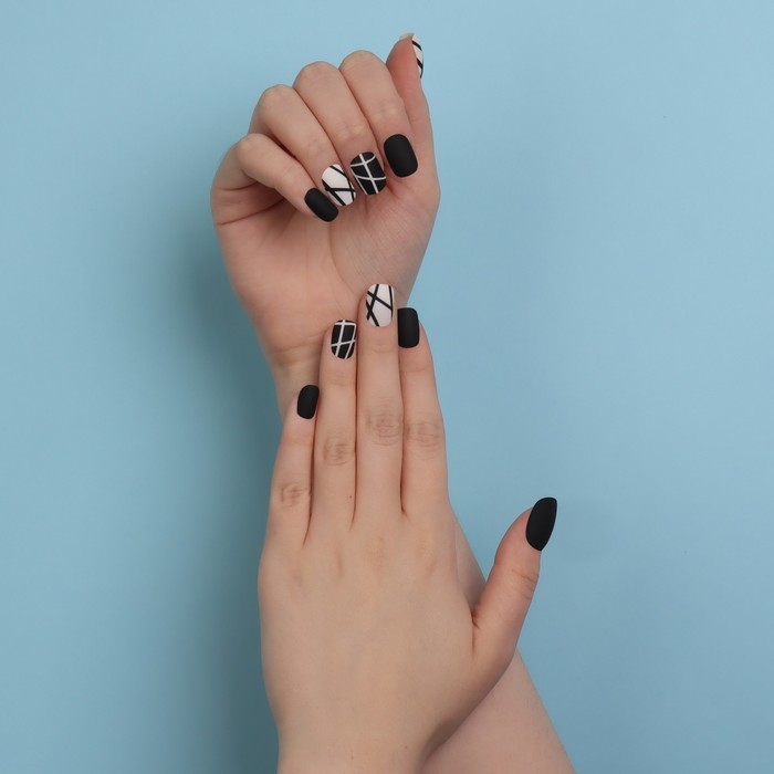 Накладные ногти &laquo;Black&raquo;, 12 шт, с клеевыми пластинами, форма мягкий квадрат, цвет чёрный/белый