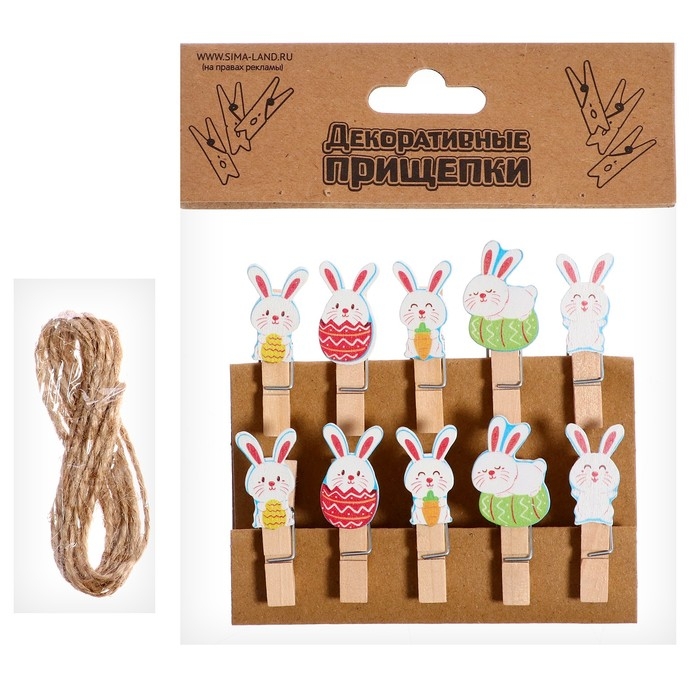 Прищепки декоративные «Зайчики и яички» набор 10 шт., 1.5 × 12 × 14 см Прищепки декоративные «Зайчики и яички» набор 10 шт., 1.5 × 12 × 14 см