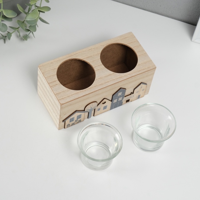 Подсвечник дерево на 2 свечи Подсвечник дерево на 2 свечи "Домики" d=4 см 7,7х15,5х8 см