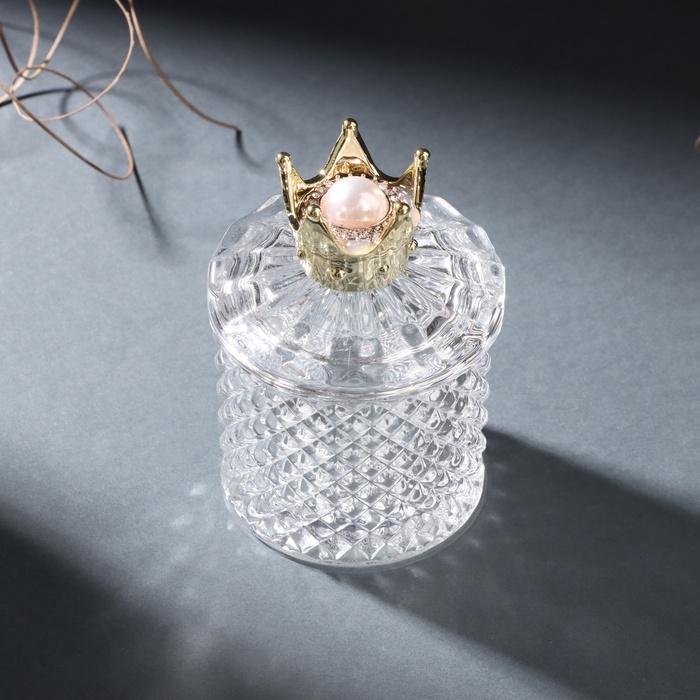 Шкатулка стекло "Золотая корона с жемчужиной" 6х6х9 см