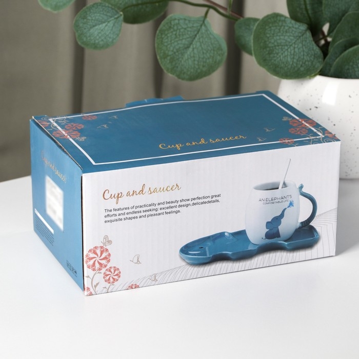 Чайная пара керамическая &laquo;Слоник&raquo;, 2 предмета: кружка с ложкой 220 мл, блюдце 19&times;12,5 см