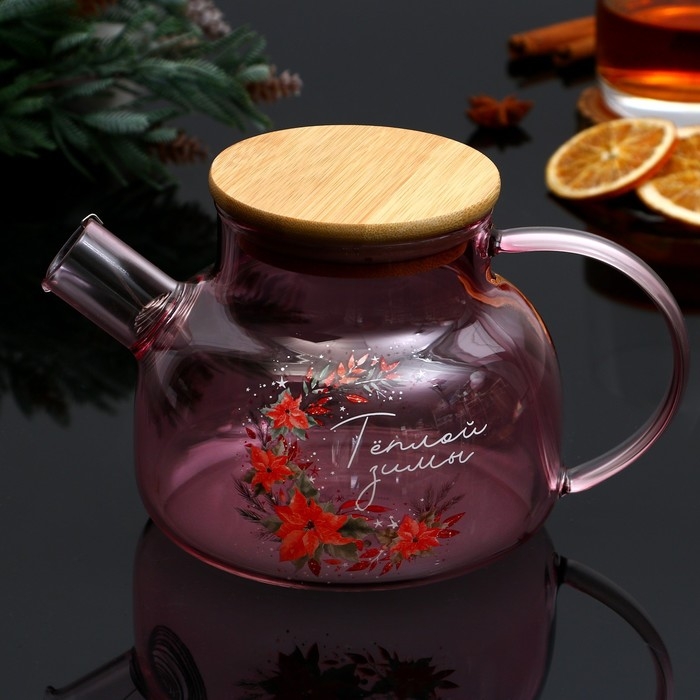 Новый год. Чайник заварочный стеклянный с бамбуковой крышкой &laquo;Теплой зимы. Розовая сказка&raquo;, 800 мл