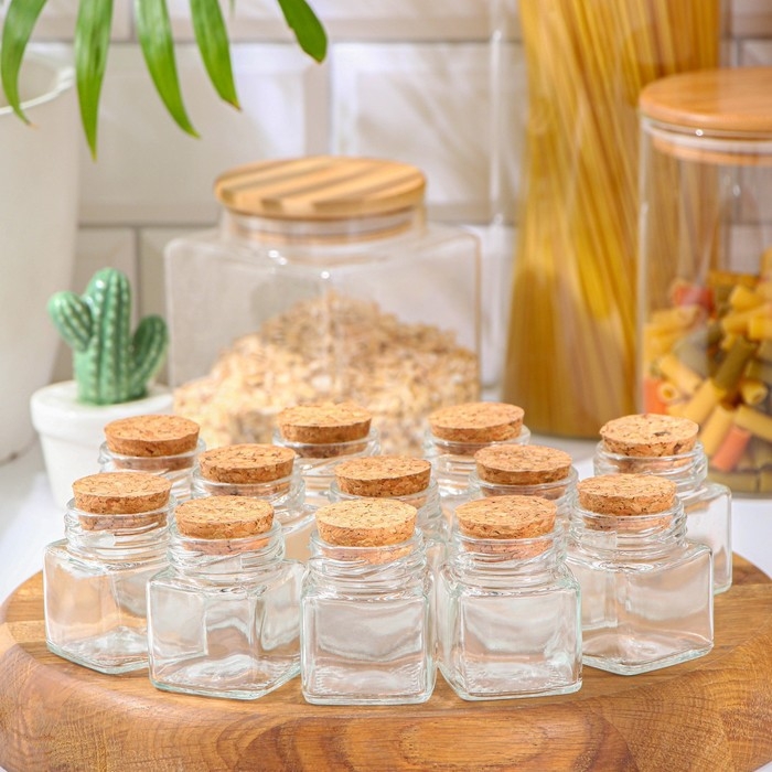 Набор стеклянных баночек для сыпучих продуктов с пробковой крышкой Доляна &laquo;Парфе. Квадрат&raquo;, 70 мл, 4,5&times;5,4 см, 12 шт