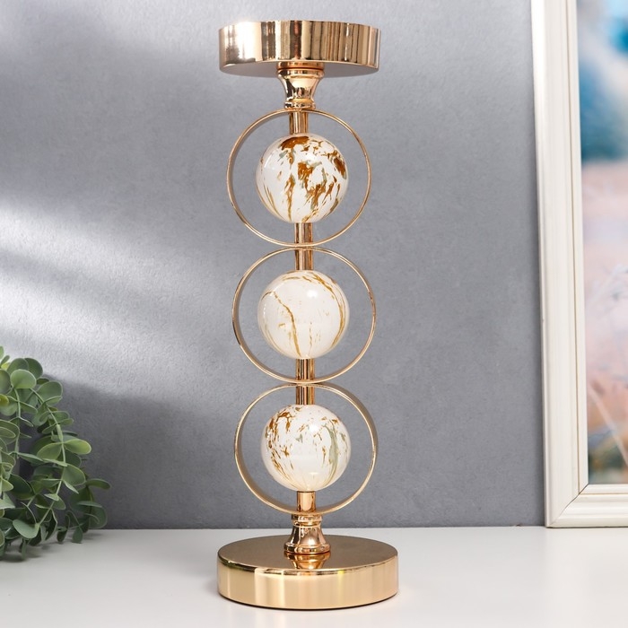 Подсвечник металл на 1 свечу Подсвечник металл на 1 свечу "Три белых мраморных шара в сферах" золото 37х12х12 см
