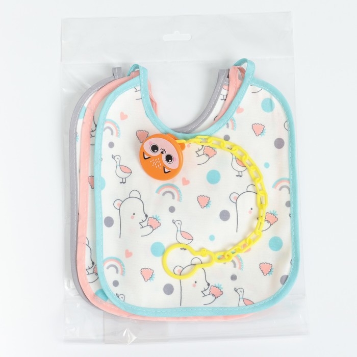 Набор детских слюнявчиков Крошка Я, 3 шт. + подарок, 20х17 см., цвет бирюзовый, розовый, серый Набор детских слюнявчиков Крошка Я, 3 шт. + подарок, 20х17 см., цвет бирюзовый, розовый, серый