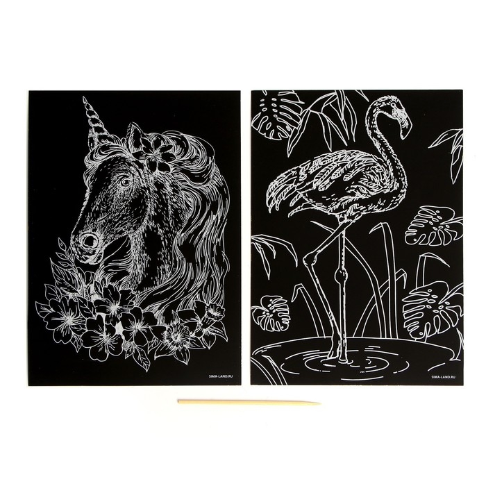 Набор гравюр &laquo;Единорог и фламинго&raquo; с металлическим эффектом &laquo;золото&raquo;, 2 шт., А5