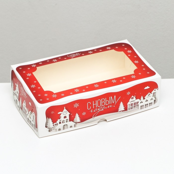 Новый год. Коробка складная, подарочная новогодняя с окном под зефир Новый год. Коробка складная, подарочная новогодняя с окном под зефир "Дом Деда Мороза", 25 х 15 х 7 см.