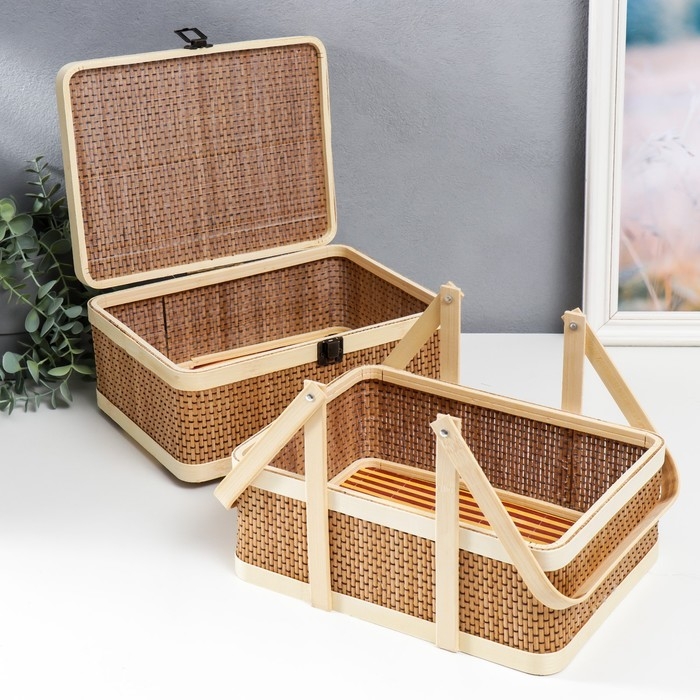 Шкатулка бамбук 2в1 "Прямоугольная" с ручками 20х20х26 см