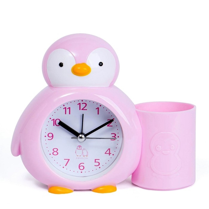 Будильник "Пингвинёнок", с карандашницей, дискретный ход, d-6 см, 12 х 14.5 см, розовый
