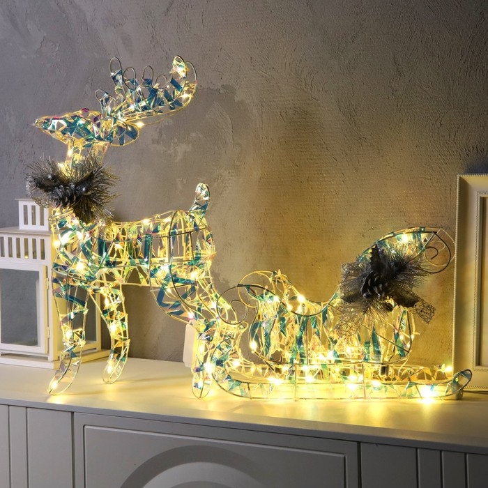 Светодиодная фигура &laquo;Олень с санями&raquo;, олень: 30 &times; 52 &times; 14 см, сани: 39 &times; 25 &times; 23 см, текстиль, металл, 220 В, свечение тёплое белое