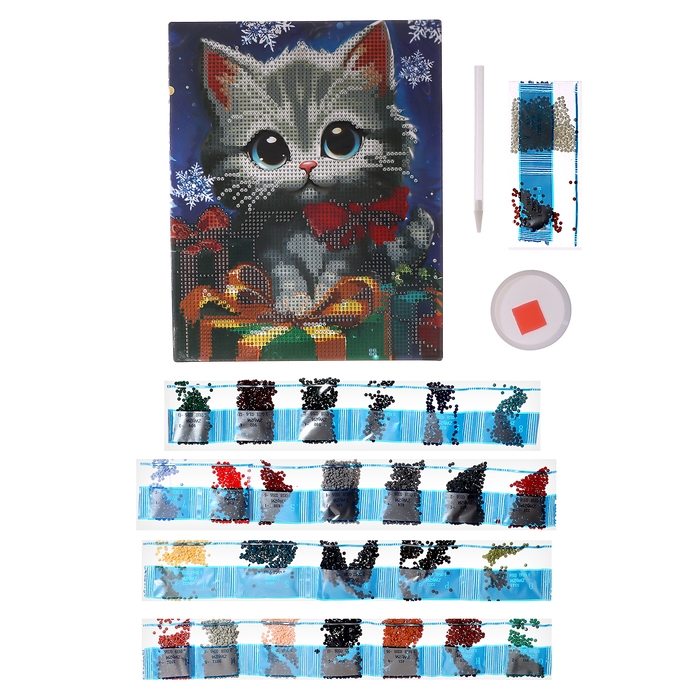 Алмазная мозаика с частичным заполнением на новый год «Котенок с подарками» 20 х 25 см Алмазная мозаика с частичным заполнением на новый год «Котенок с подарками» 20 х 25 см