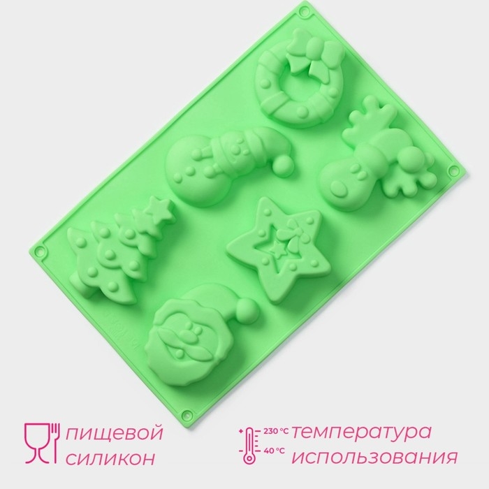 Форма для выпечки новогодняя Доляна «Новый год», силикон, 27×17×2 см, 6 ячеек, цвет зелёный Форма для выпечки новогодняя Доляна «Новый год», силикон, 27×17×2 см, 6 ячеек, цвет зелёный