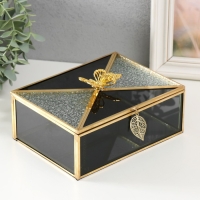 Шкатулка стекло с металлическим каркасом "Бабочка и лист" чёрная дымка 18,7х14,6х9 см Шкатулка стекло с металлическим каркасом "Бабочка и лист" чёрная дымка 18,7х14,6х9 см