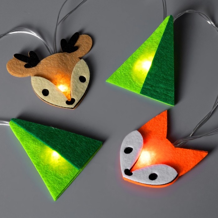 Гирлянда &laquo;Нить&raquo; 1.35 м с насадками &laquo;Лисички и олени&raquo;, IP20, прозрачная нить, 10 LED, батарейки AAх2 (нет в комплекте), свечение тёплое белое