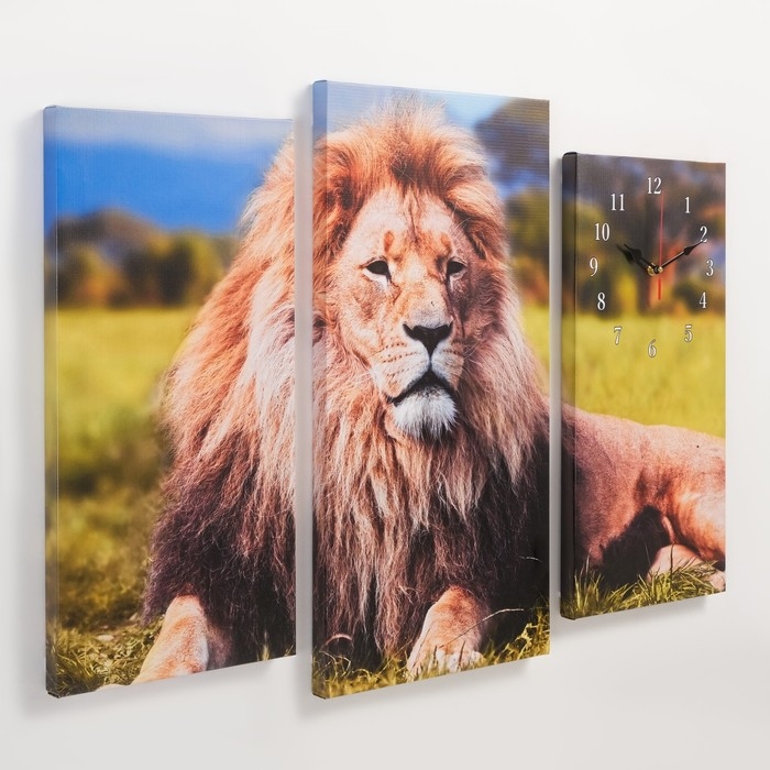 Часы-картина настенные, модульные "Лев", бесшумные, 60 х 80 см, триптих