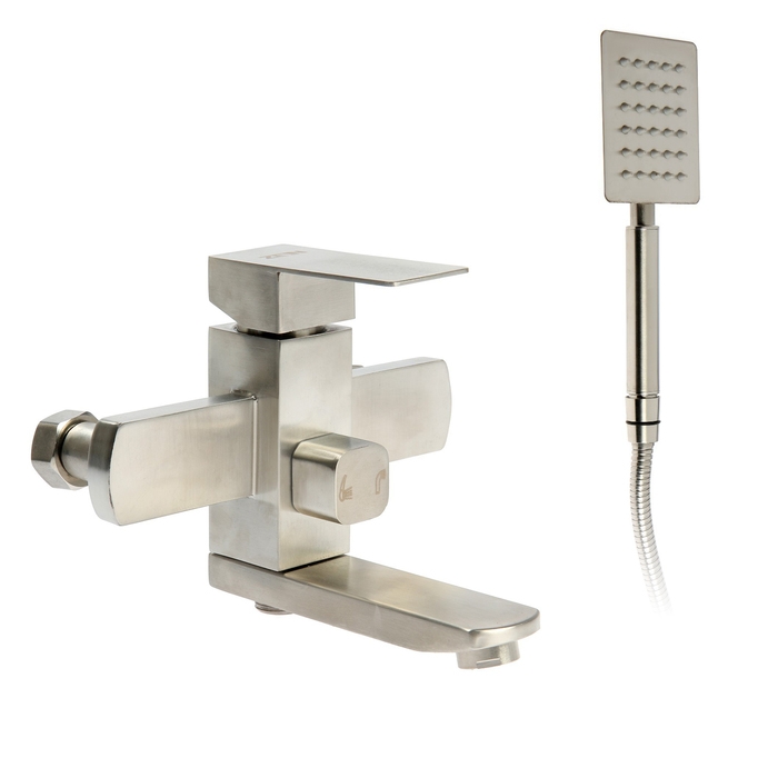 Смеситель для ванны ZEIN, квадрат, короткий излив, с душевым набором, нержав сталь, сатин Смеситель для ванны ZEIN, квадрат, короткий излив, с душевым набором, нержав сталь, сатин