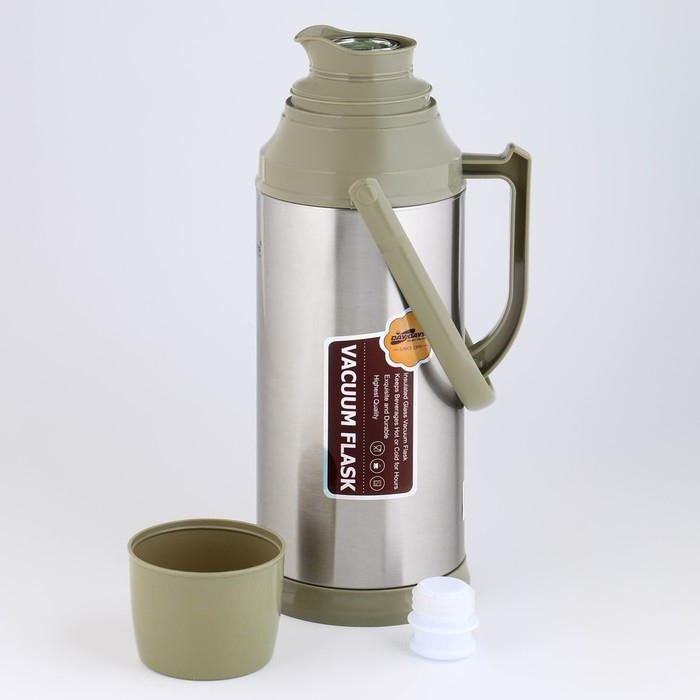 Термос 2 л, со стеклянной колбой, сохраняет тепло 12 ч, с кружкой, зеленый