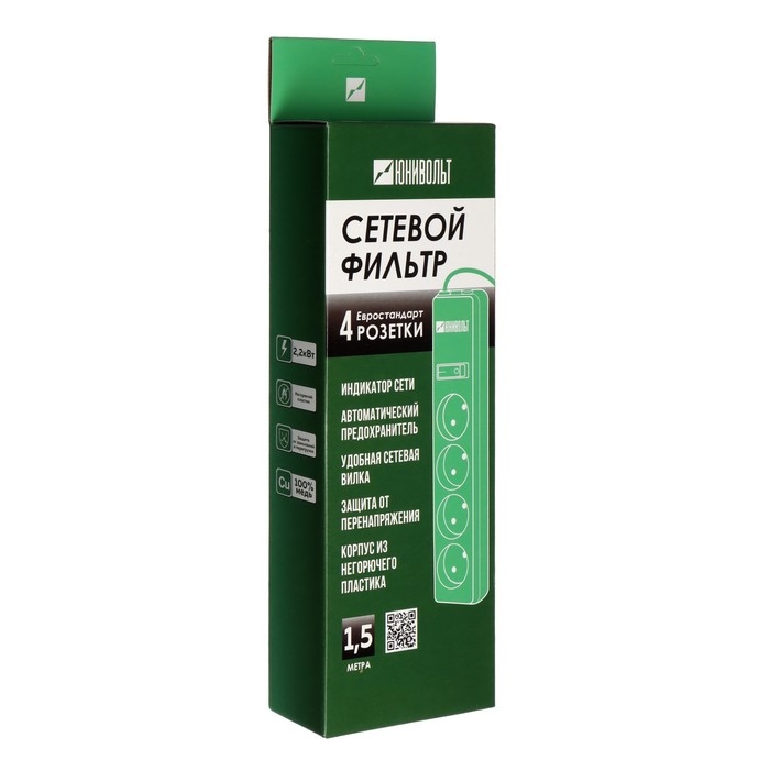 Сетевой фильтр Юнивольт, 4 гнезда, 1.5 м, 10 А, 2200 Вт, с з/к, белый