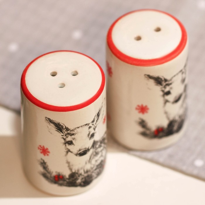 Новый год. Набор для специй керамический &laquo;Оленята&raquo;, 12х6.5х7 см, цвет белый