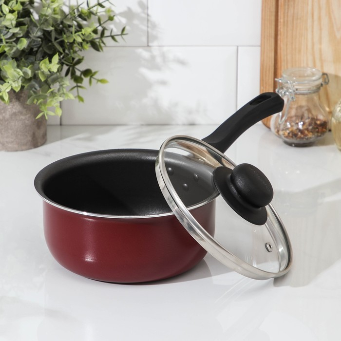 Ковш &laquo;Эксперт&raquo;, 1,3 л, d=16 см, стеклянная крышка, пластиковая ручка, антипригарное покрытие, цвет бордовый