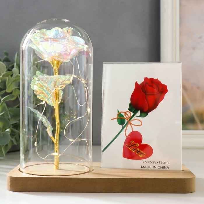 Фоторамка 9х13 см свет "Голография. Роза в колбе" от батареек 2хLR1130 9,8х19,5х18 см