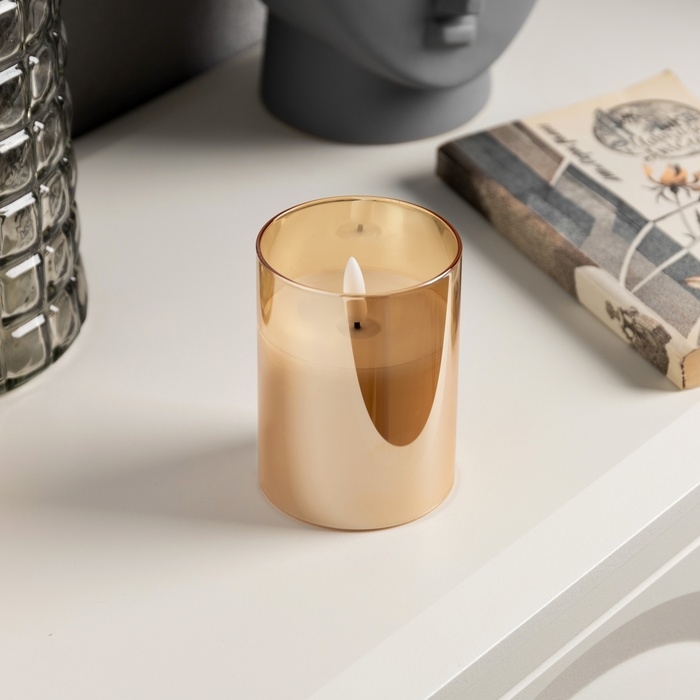 Светодиодная свеча золотистая, 7.5 &times; 10 &times; 7.5 см, воск, пластик, батарейки АААх3 (не в комплекте), свечение тёплое белое