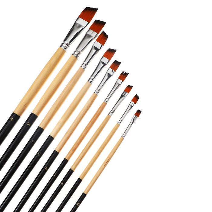 Набор кистей нейлон, 9 штук, плоские, скошенные, с длинными ручками