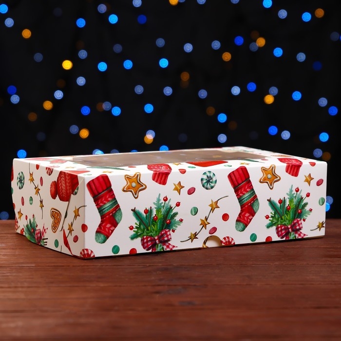 Новый год. Коробка складная, кондитерская упаковка с окном Новый год. Коробка складная, кондитерская упаковка с окном "Новогодний паттерн", 25 х 15 х 7 см