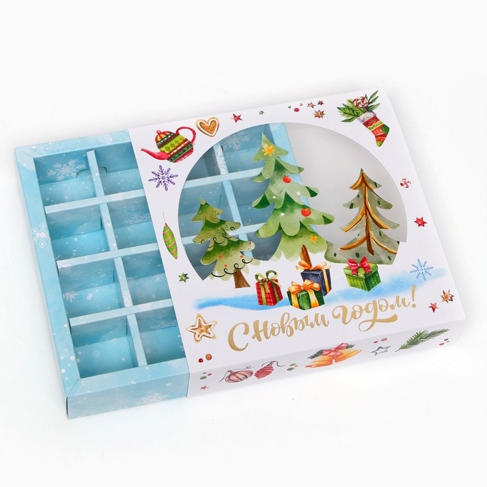 Коробка с обечайкой, с окном, под 16 конфет, "Елочки", 17,7 х 17,7 х 3,8 см