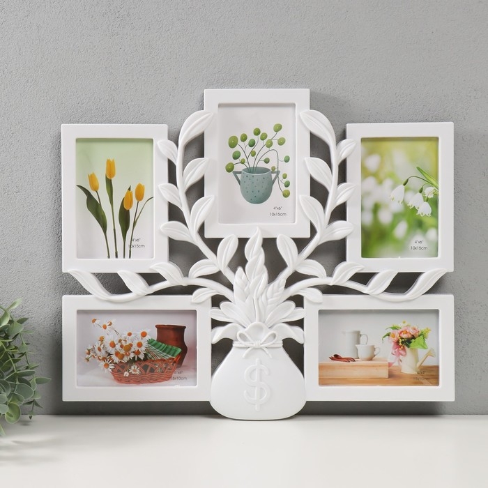Фоторамка пластик на 5 фото 10х15 Фоторамка пластик на 5 фото 10х15 "Мешочек денежного дерева" белая 45х38,5х2,5 см