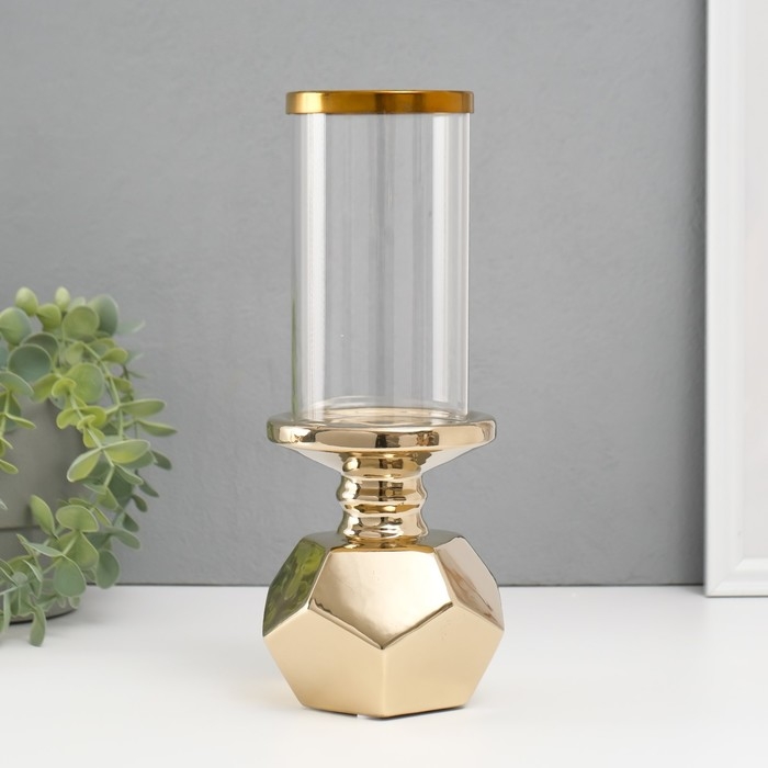 Подсвечник керамика, стекло на 1 свечу Подсвечник керамика, стекло на 1 свечу "Грани" d=7,5 см золото 10,5х10,5х27 см