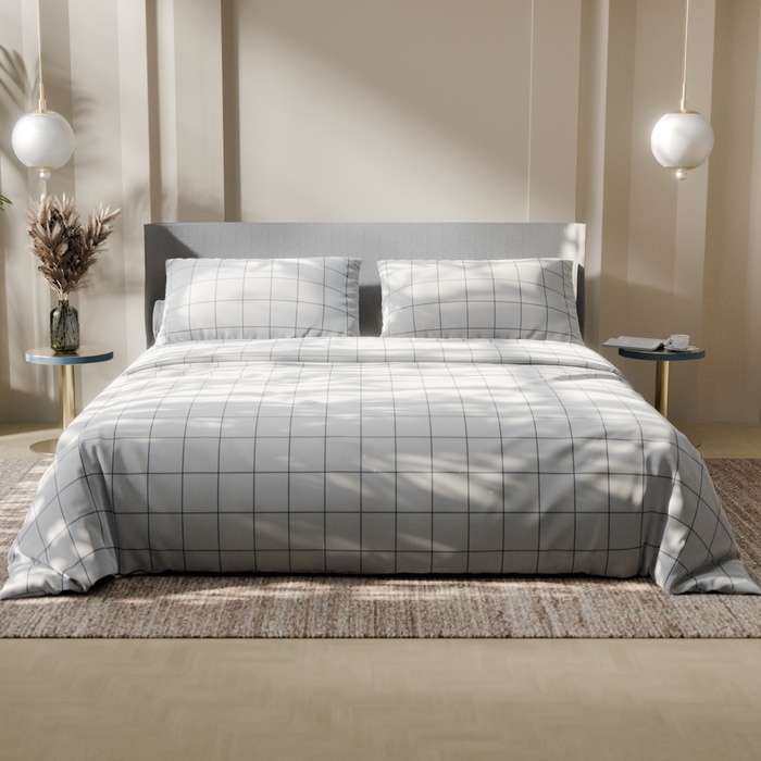 Постельное бельё Этель дуэт "Клетка" цвет белый 143х215-2 шт, 220х240, 50х70-2 шт, бязь, 125 г/м2