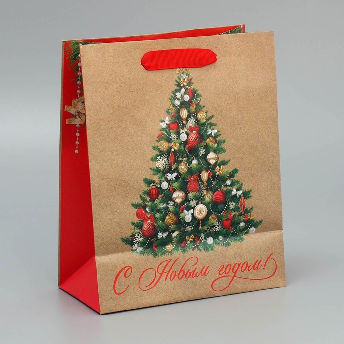 Пакет подарочный новогодний крафтовый вертикальный &laquo;Ёлочка&raquo;, MS 18 х 23 х 10 см, Новый год