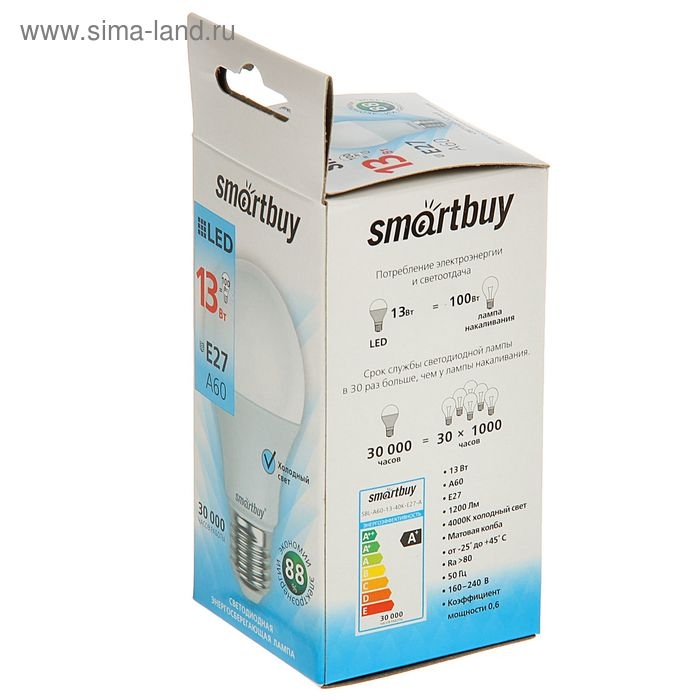 Лампа cветодиодная Smartbuy, E27, A60, 13 Вт, 4000 К, дневной белый свет