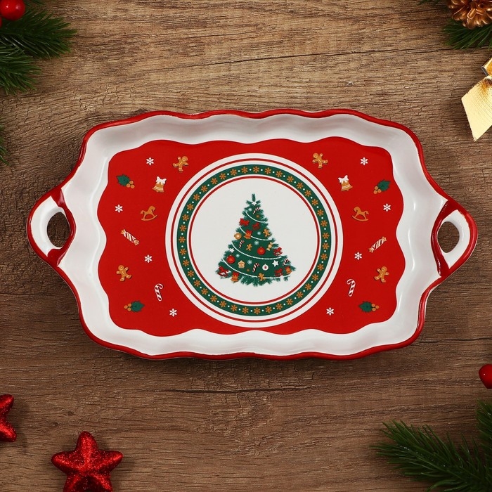 Новый год! Блюдо новогоднее керамическое &laquo;Пряничные человечки&raquo;, 23х13х2.5 см, цвет белый