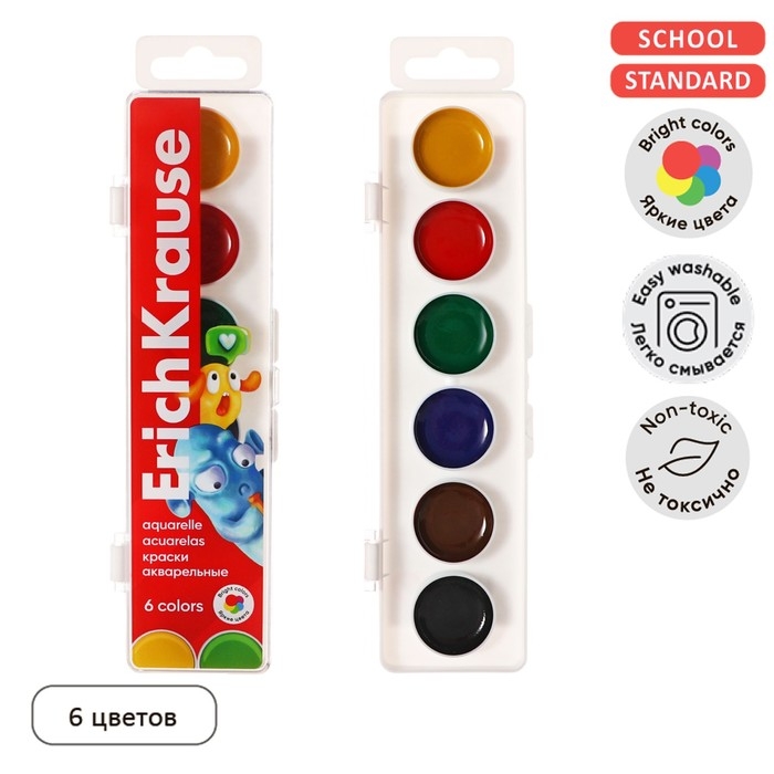 Акварель 6 цветов, ErichKrause Jolly Friends, без кисти, мягкий пластик, европодвес Акварель 6 цветов, ErichKrause Jolly Friends, без кисти, мягкий пластик, европодвес