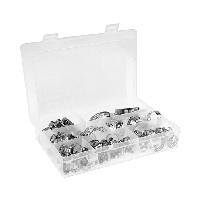Набор червячных хомутов ZEIN engr, сквозная просечка, от 8 до 38 мм, нержав. сталь, 64 шт Набор червячных хомутов ZEIN engr, сквозная просечка, от 8 до 38 мм, нержав. сталь, 64 шт