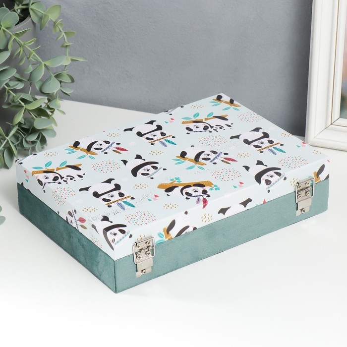 Шкатулка дерево "Панды-индейцы" кожзам и бархат 5,5х24х17 см