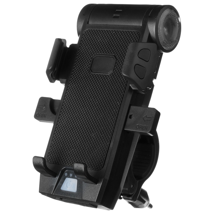 Держатель на руль для телефона с функциями: фонарик, звуковой сигнал, power bank Держатель на руль для телефона с функциями: фонарик, звуковой сигнал, power bank