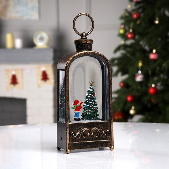 Светодиодная фигура &laquo;Фонарь с ёлкой&raquo; 10.2 &times; 23 &times; 5.8 см, пластик, батарейки ААх3 (не в комплекте), USB, свечение тёплое белое