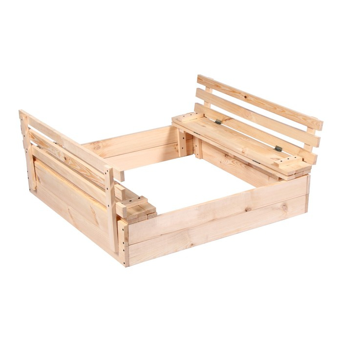 Песочница детская деревянная, с крышкой, 100 &times; 100 &times; 18 см, без покраски, лавочки (2 шт.), Greengo